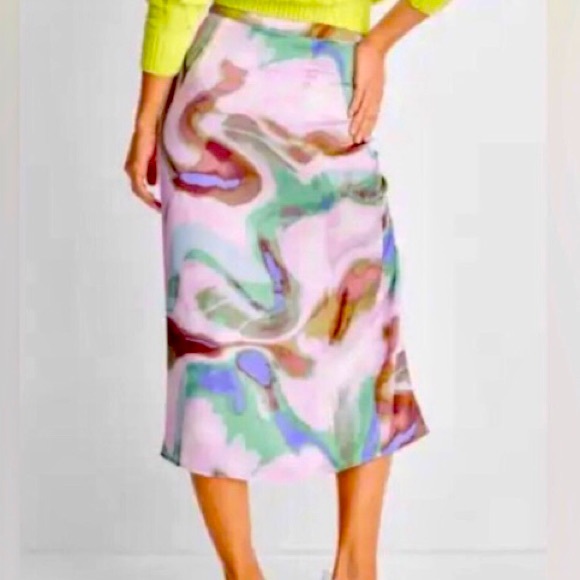 FUTURE COLLECTIVE Women's Marblized Light Green/Pink Silk Midi Skirt Size4  NWT - Picture 7 of 7